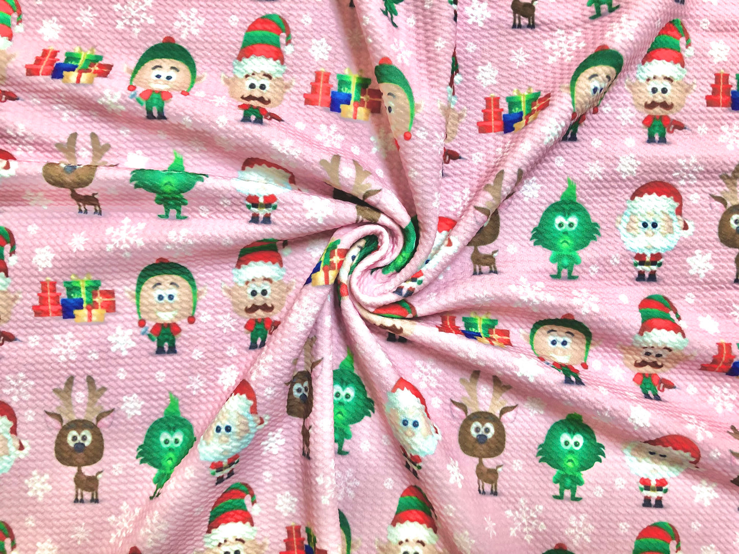 Premium Bullet Knit Christmas Holiday Fabric – Pink Cartoon Santa, Elves & Reindeer Print, 56″ Wide, Sold by the Yard (BPR193)