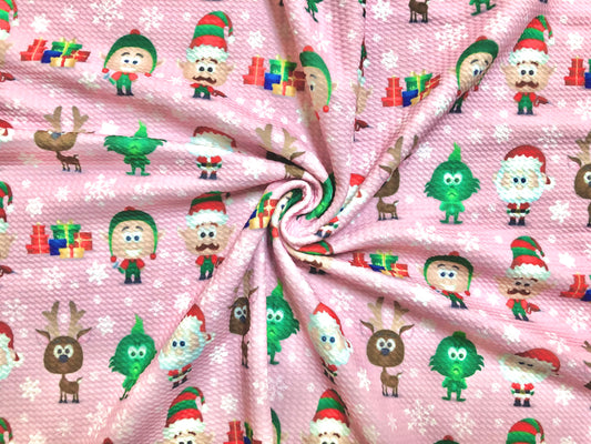 Premium Bullet Knit Christmas Holiday Fabric – Pink Cartoon Santa, Elves & Reindeer Print, 56″ Wide, Sold by the Yard (BPR193)