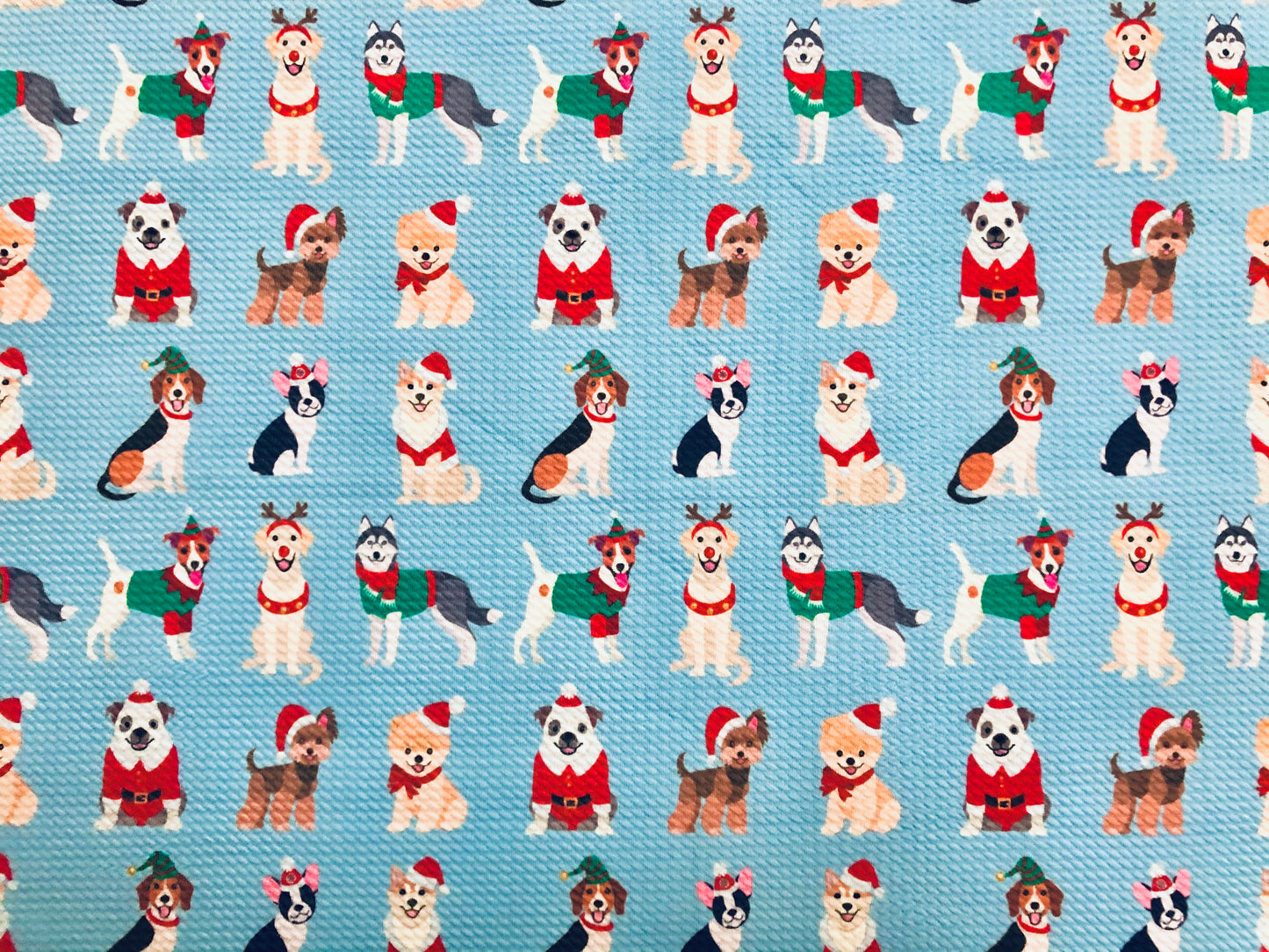 Premium Bullet Knit Fabric – Festive Pups in Santa, Reindeer & Elf Costumes on Light Blue, 56″ Wide, Sold by the Yard (BPR194)