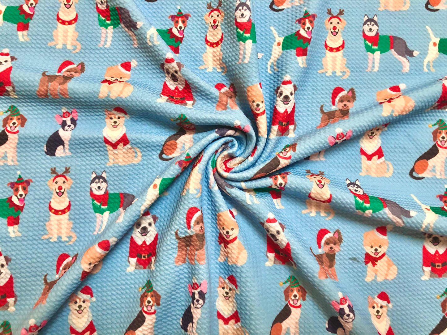 Premium Bullet Knit Fabric – Festive Pups in Santa, Reindeer & Elf Costumes on Light Blue, 56″ Wide, Sold by the Yard (BPR194)