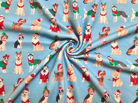 Premium Bullet Knit Fabric – Festive Pups in Santa, Reindeer & Elf Costumes on Light Blue, 56″ Wide, Sold by the Yard (BPR194)