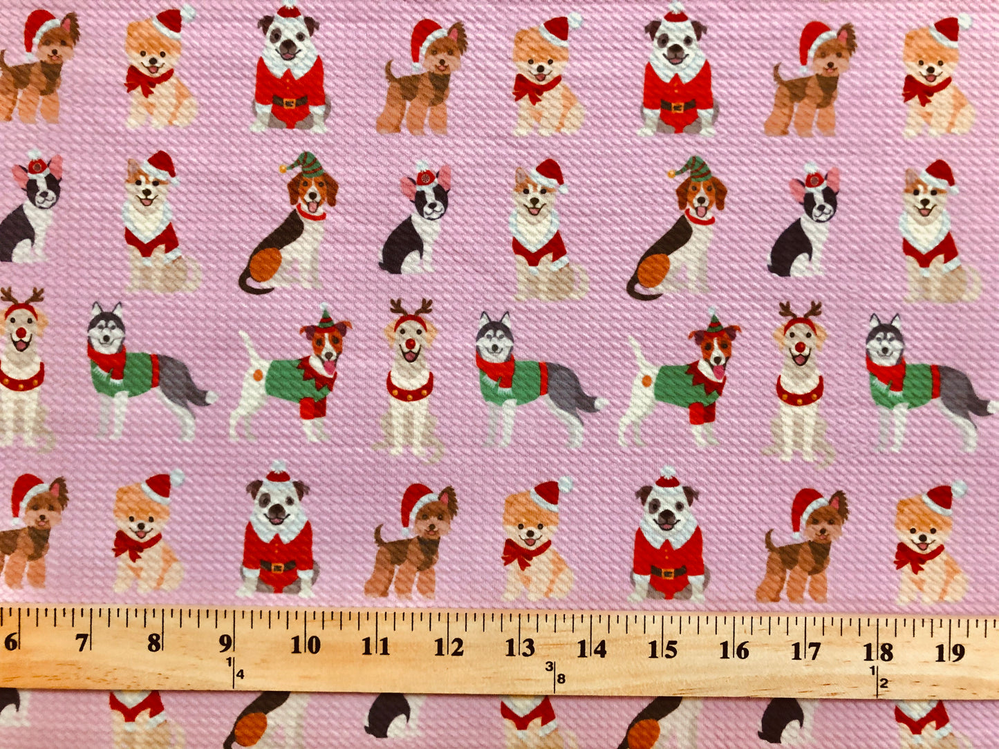 Premium Bullet Knit Fabric – Festive Pups in Santa, Reindeer & Elf Costumes on Vivid Pink, 56″ Wide, Sold by the Yard (BPR195)