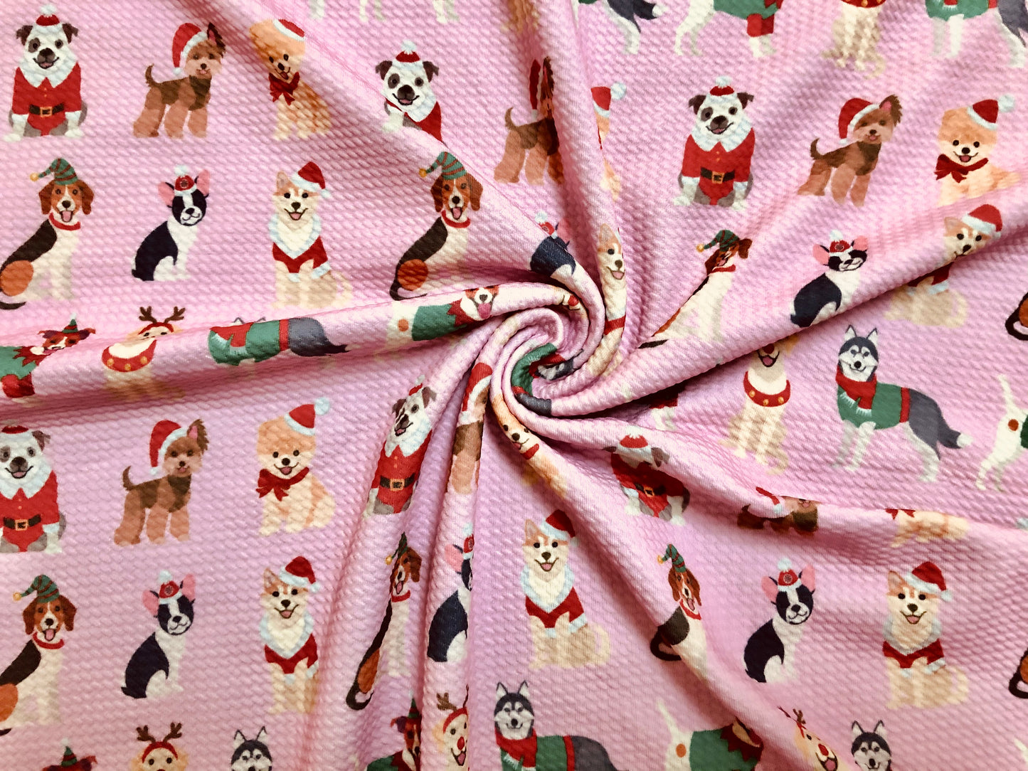 Premium Bullet Knit Fabric – Festive Pups in Santa, Reindeer & Elf Costumes on Vivid Pink, 56″ Wide, Sold by the Yard (BPR195)