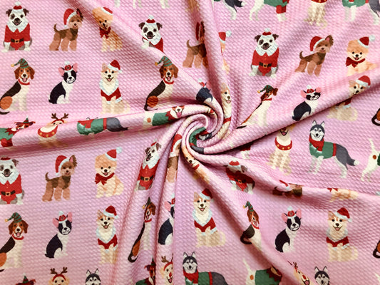 Premium Bullet Knit Fabric – Festive Pups in Santa, Reindeer & Elf Costumes on Vivid Pink, 56″ Wide, Sold by the Yard (BPR195)