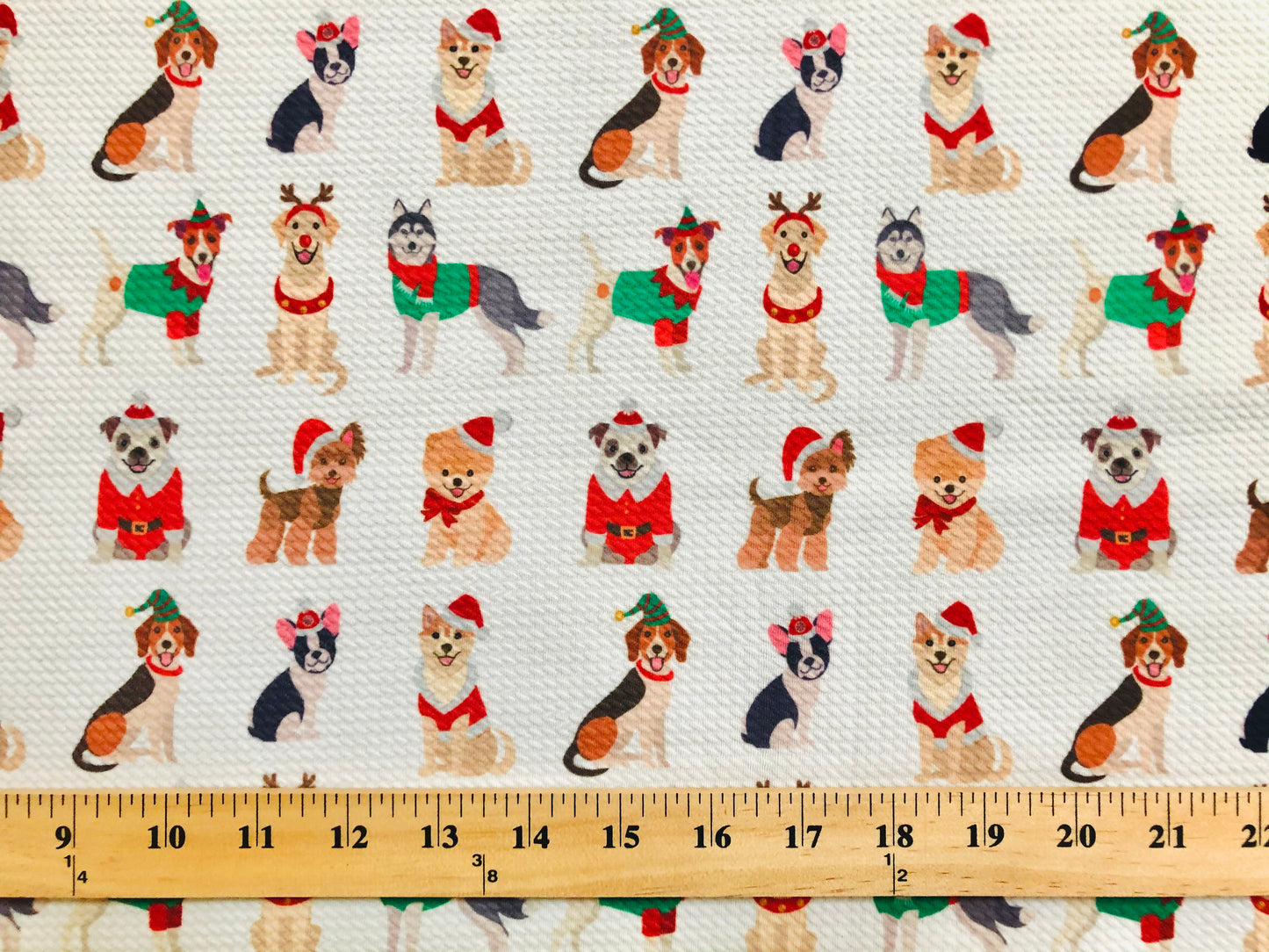 Premium Bullet Knit Fabric – Festive Pups in Santa, Reindeer & Elf Costumes on Ivory, 56″ Wide, Sold by the Yard (BPR196)