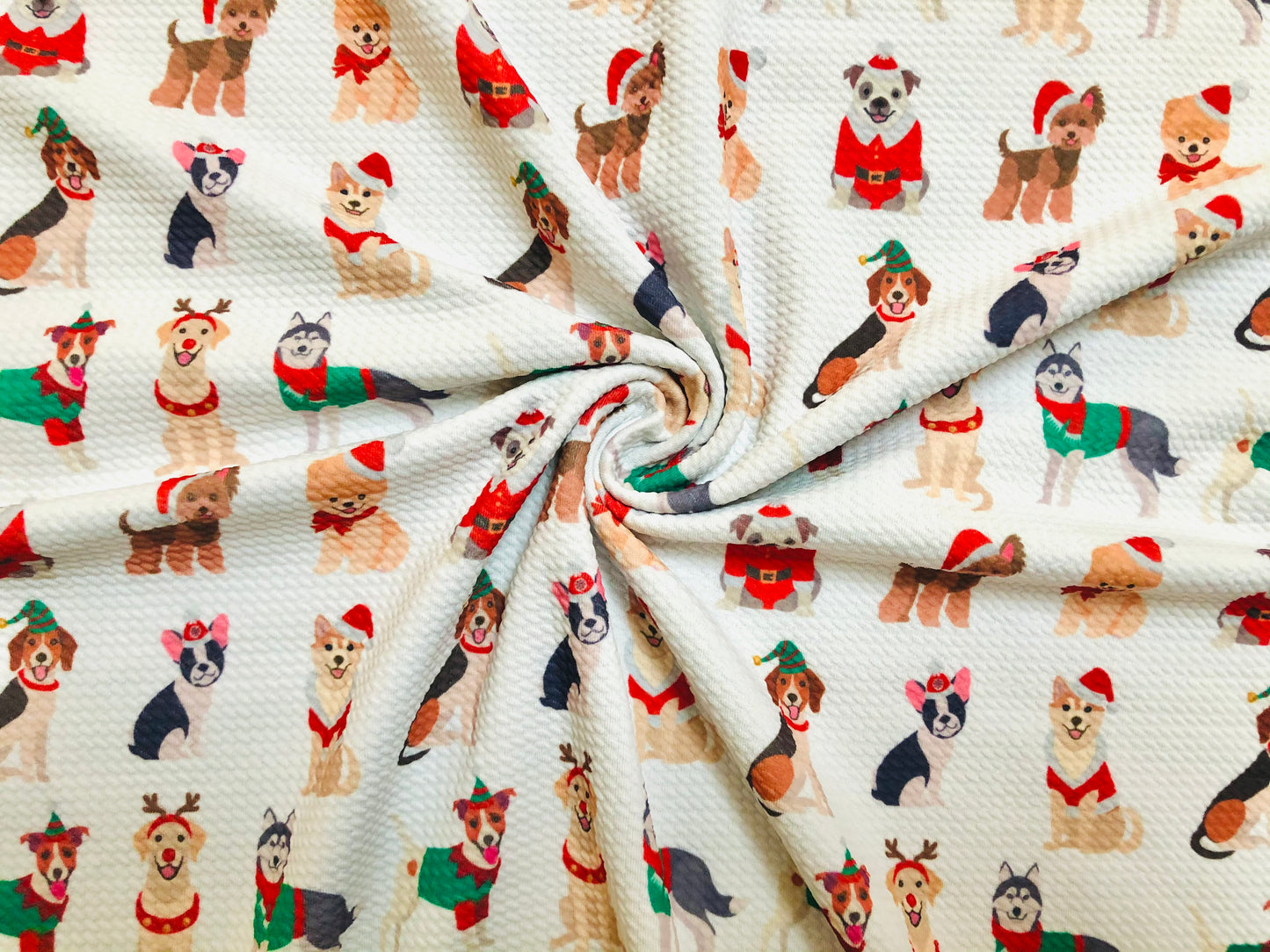 Premium Bullet Knit Fabric – Festive Pups in Santa, Reindeer & Elf Costumes on Ivory, 56″ Wide, Sold by the Yard (BPR196)
