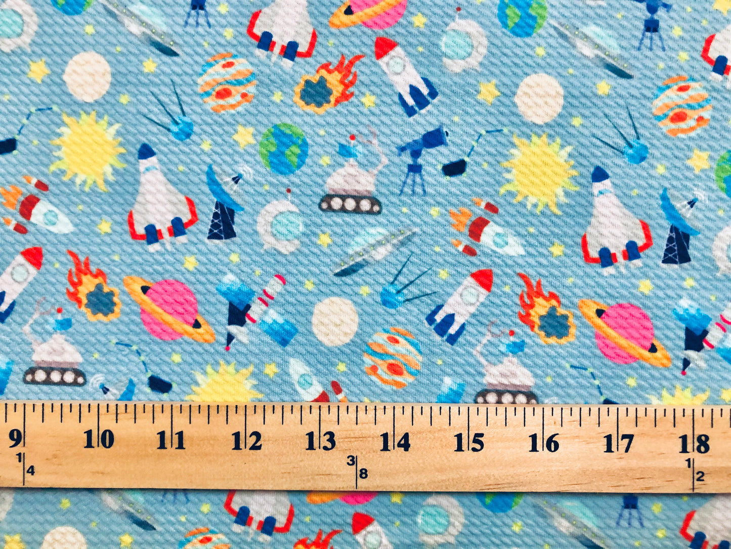 Bullet Knit Fabric - Blue & Yellow Outer Space Print, 56″ Wide, Sold by the Yard (BPR200)