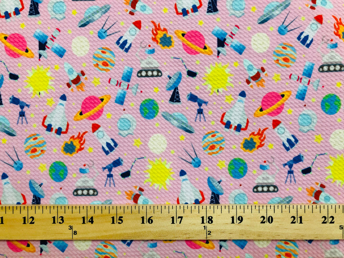 Bullet Knit Fabric - Pink, Yellow & Blue Outer Space Print, 56″ Wide, Sold by the Yard (BPR201)