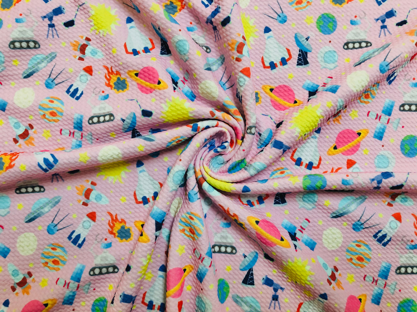 Bullet Knit Printed Fabric-Baby Pink Yellow Blue Outer Space-BPR201-Sold by the Yard