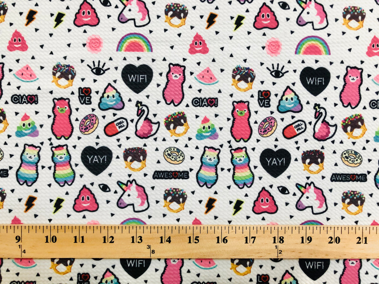 Bullet Knit Stretch Fabric – Rainbow, Donuts & Candys on Ivory Print, 56″ Wide, Sold by the Yard (BPR203)