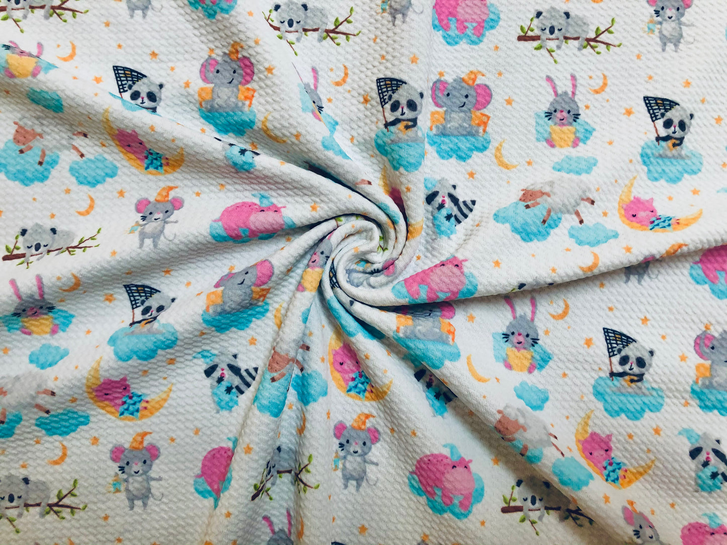 Bullet Knit Printed Fabric-Ivory Blue Clouds and Pandas-BPR206-Sold by the Yard-Bulk Available