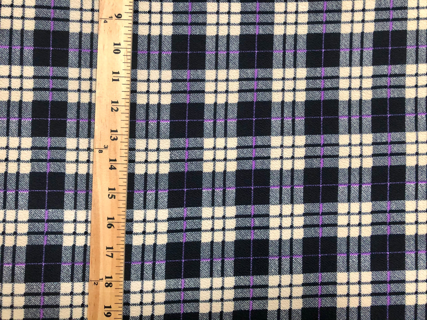 Liverpool Knit Fabric — Navy, Ivory & Purple Tartan Plaid — 56" Wide, 200 GSM, 4-Way Stretch, Double Knit — Sold by the Yard (LVPR214)