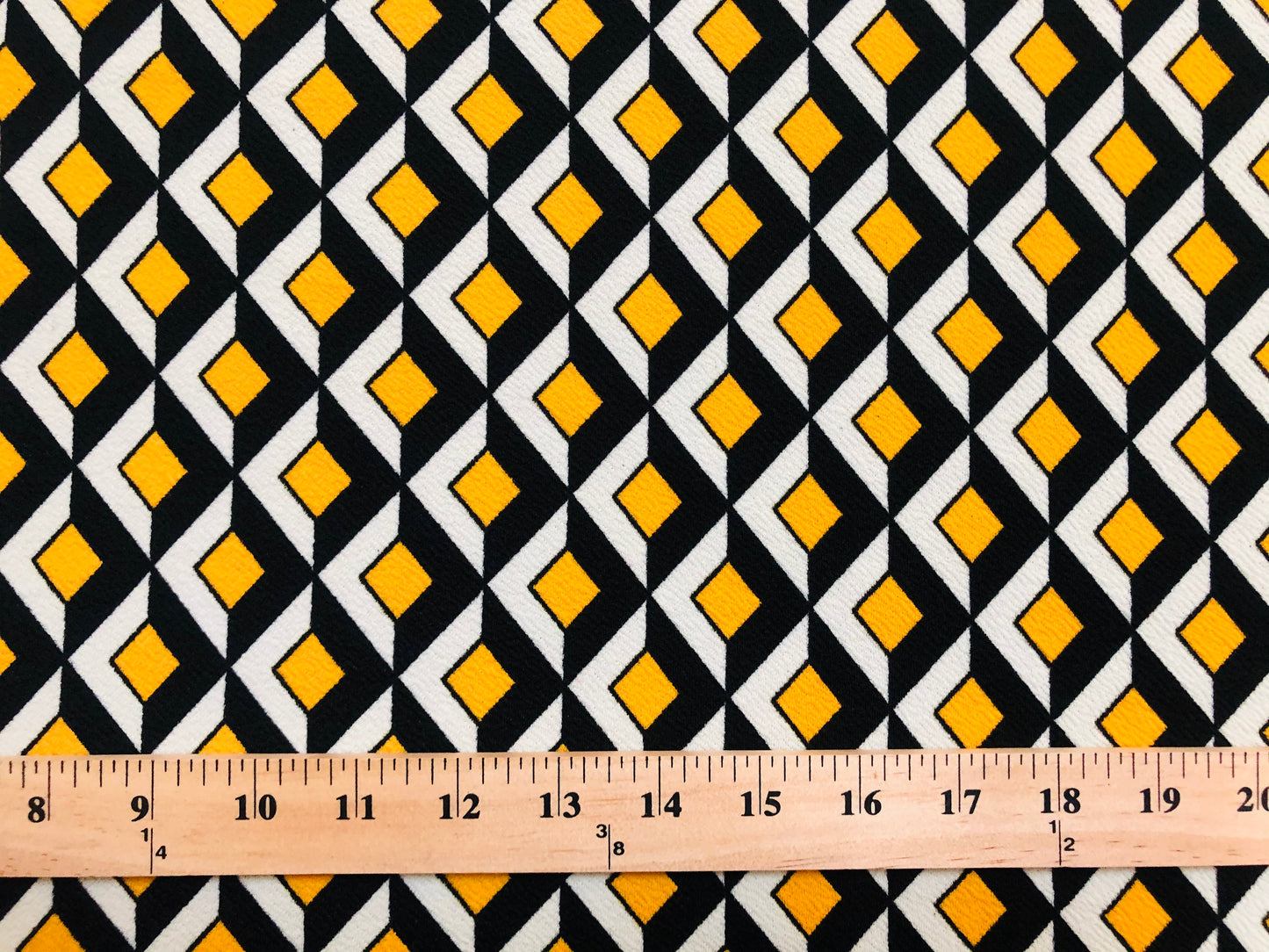 Liverpool Knit Fabric — Black, Ivory & Yellow Chevron Diamond — 56" Wide, 200 GSM, 4-Way Stretch, Double Knit — Sold by the Yard (LVPR218)