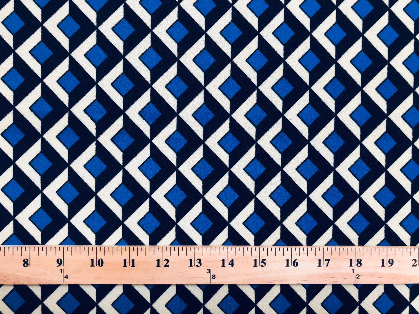 Liverpool Knit Printed Fabric-Royal Blue Black 3D Cubes-LVPR217-Sold by the Yard-Apparel Fabric