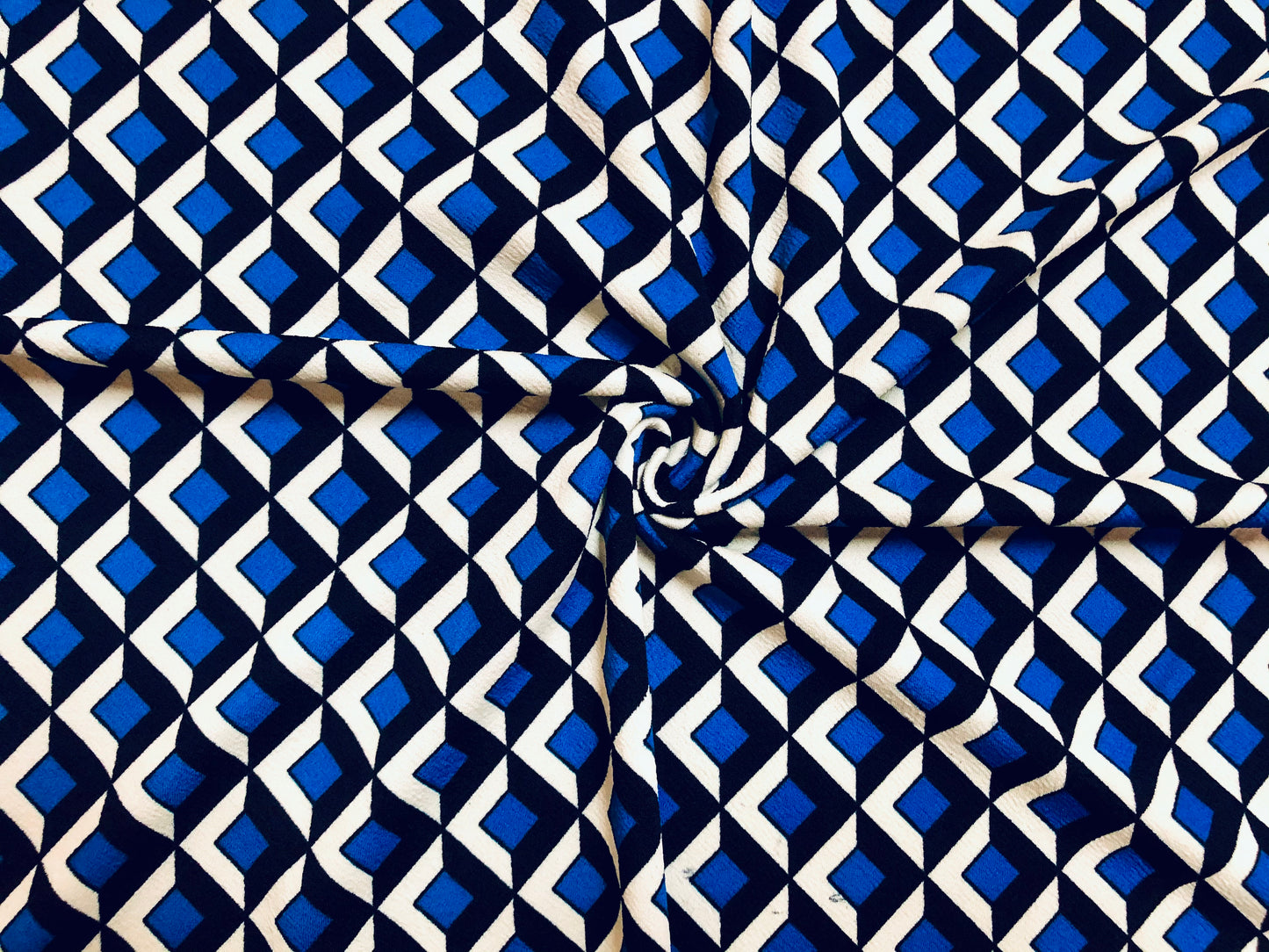 Liverpool Knit Printed Fabric-Royal Blue Black 3D Cubes-LVPR217-Sold by the Yard-Apparel Fabric