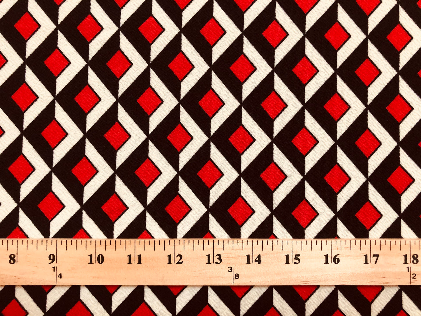 Liverpool Knit Fabric — Red, Ivory & Black Retro Chevron Diamond — 56" Wide, 200 GSM, 4-Way Stretch, Double Knit — Sold by the Yard (LVPR216)