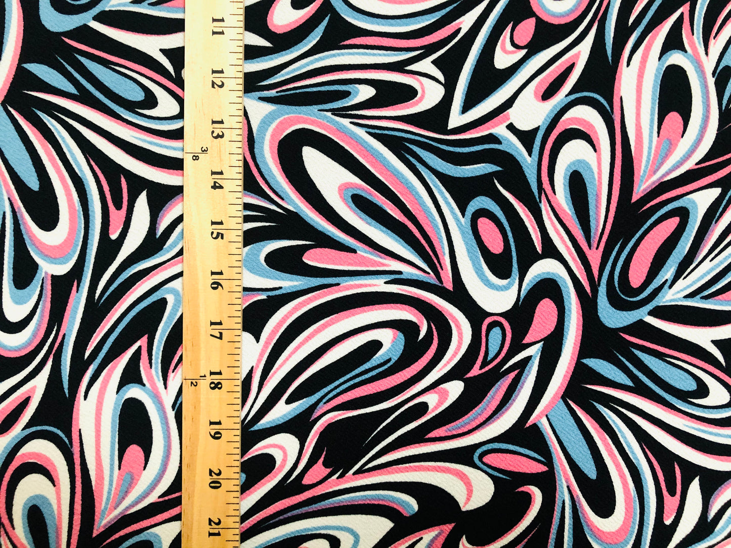 Liverpool Knit Fabric — Pink/Sky Blue/Ivory & Black Marble Swirl — 56" Wide, 200 GSM, 4-Way Stretch, Double Knit — Sold by the Yard (LVPR220)
