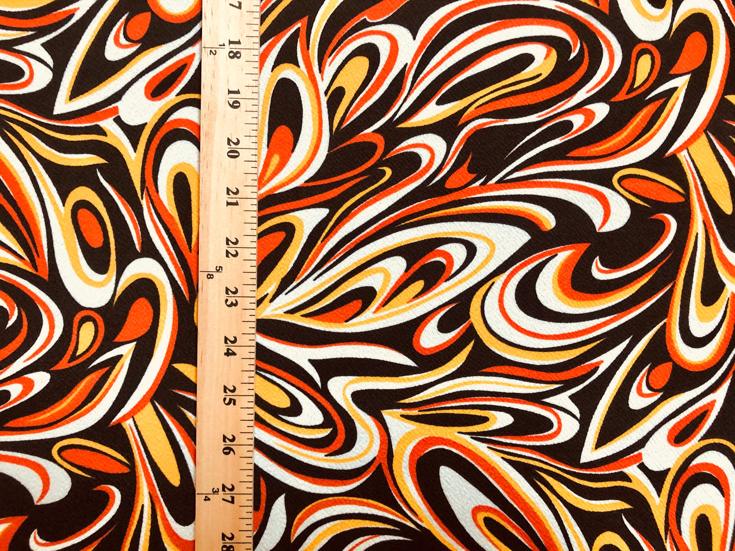 Liverpool Knit Fabric — Burnt Orange/Mustard Gold/Ivory & Black Marble Swirl — 56" Wide, 200 GSM, 4-Way Stretch, Double Knit — Sold by the Yard (LVPR222)