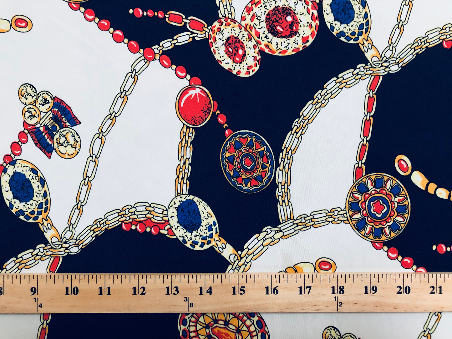 DTY Non-Brushed Fabric-Ivory Navy Blue Red Golden Chains-DTYNBPR231-Sold by the Yard-Spandex Fabric