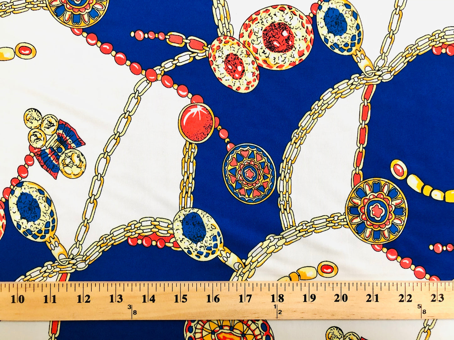 DTY Non-Brushed Fabric-Ivory Royal Blue Red Golden Chains-DTYNBPR228-Sold by the Yard-Spandex Fabric