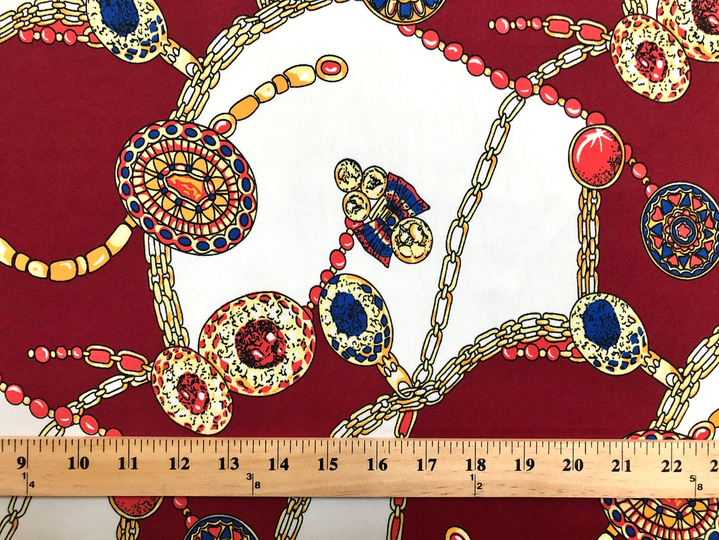 DTY Non-Brushed Fabric-Ivory Burgundy Golden Chains-DTYNBPR230-Sold by the Yard-Spandex Fabric