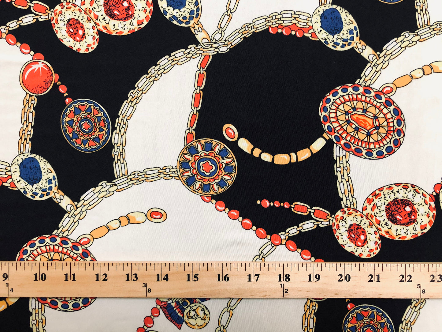 DTY Non-Brushed Fabric-Ivory Black Red Golden Chains-DTYNBPR229-Sold by the Yard-Spandex Fabric