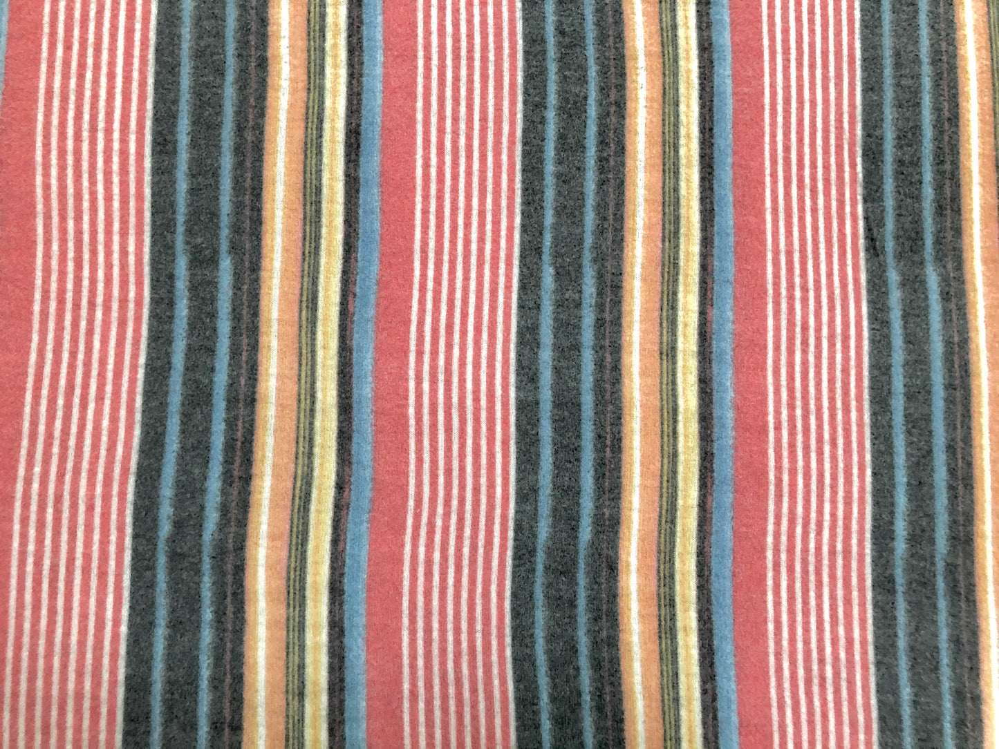 Premium Ultra-Soft Brushed Hacci Sweater Knit – Coral/Charcoal/Gold/Blue Multi-Stripe, 58″ Wide, 95% Polyester 5% Spandex – Sold by the Yard (HBPR031)