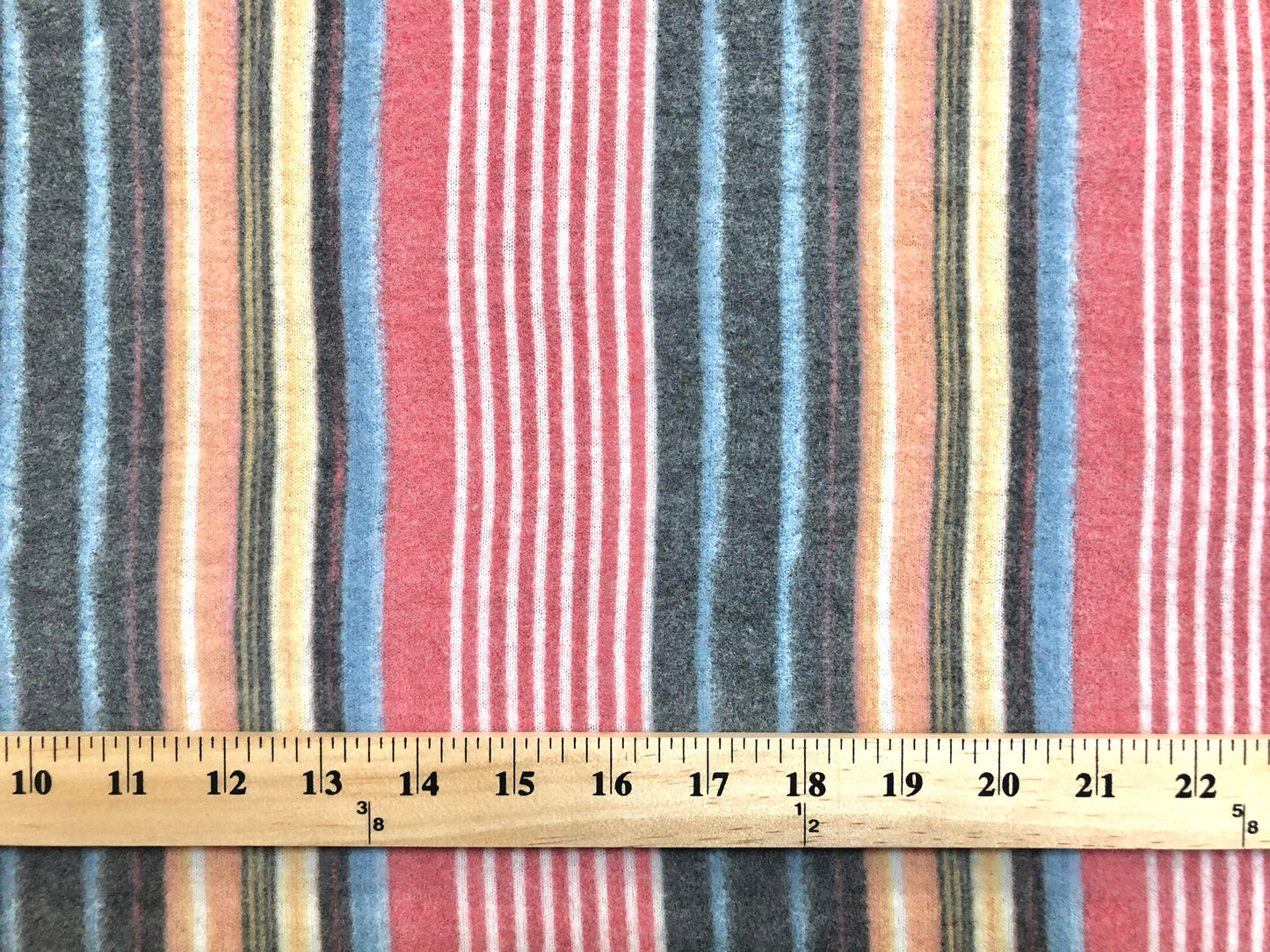 Premium Ultra-Soft Brushed Hacci Sweater Knit – Coral/Charcoal/Gold/Blue Multi-Stripe, 58″ Wide, 95% Polyester 5% Spandex – Sold by the Yard (HBPR031)