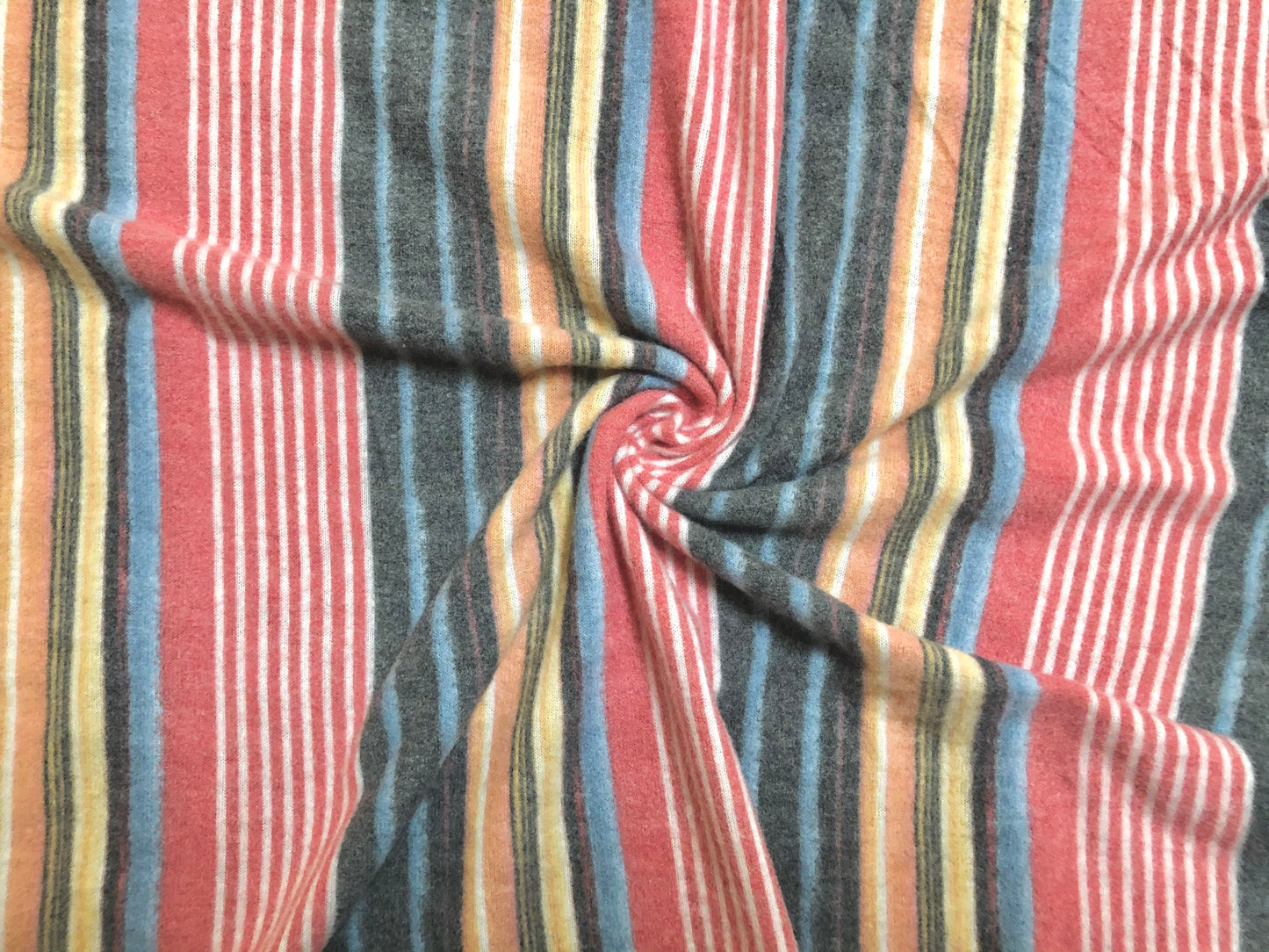 Premium Ultra-Soft Brushed Hacci Sweater Knit – Coral/Charcoal/Gold/Blue Multi-Stripe, 58″ Wide, 95% Polyester 5% Spandex – Sold by the Yard (HBPR031)