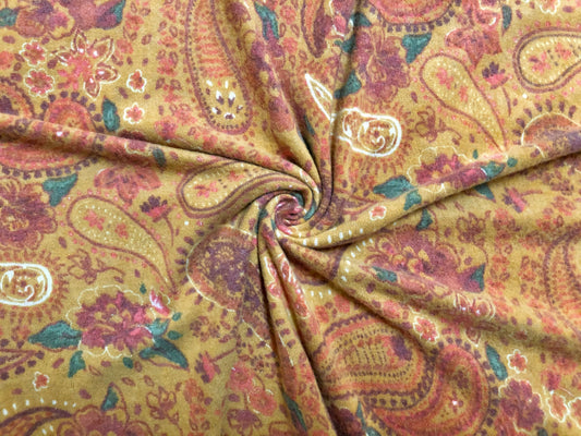 Premium Ultra-Soft Brushed Hacci Sweater Knit – Mustard Paisley & Floral, 58″ Wide, 95% Polyester 5% Spandex – Sold by the Yard (HSPR045)