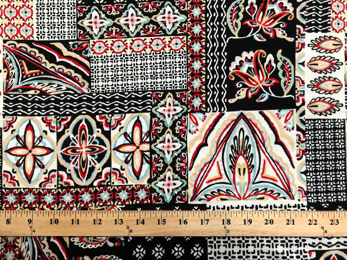 DTY Brushed Fabric-Ivory Black Red Arabic Mosaics-DTYBPR238-Sold by the Yard-Jersey Fabric