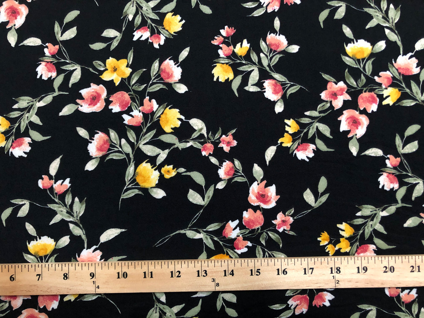 DTY Brushed Fabric-Black Pink Yellow Flowers-DTYBPR265-Sold by the Yard-Jersey Fabric
