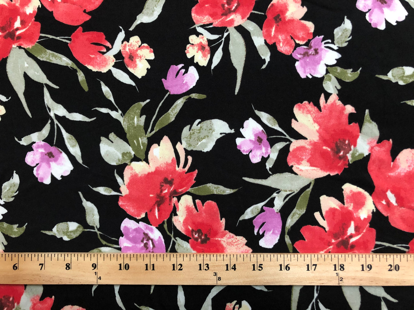 DTY Brushed Fabric-Black Red Lavender Flowers-DTYBPR266-Sold by the yard-Jersey Fabric
