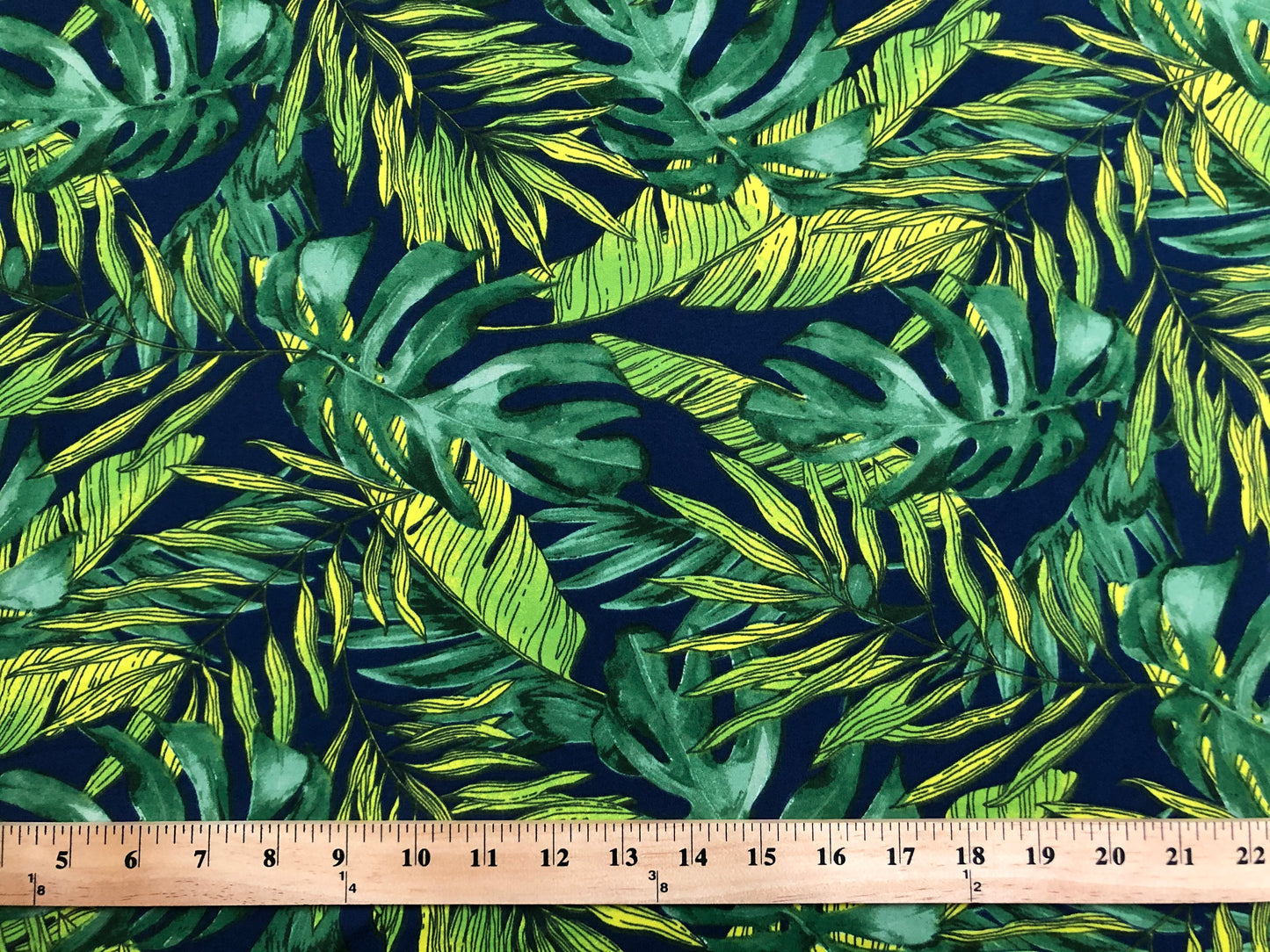 DTY Brushed Fabric-Navy Blue Green Yellow Palms-DTYBPR258-Sold by the Yard-Jersey Fabric