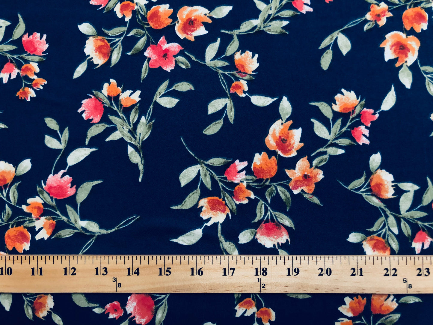 DTY Brushed Fabric-Navy Blue Orange Pink Winter Flowers-DTYBPR254-Sold by the Yard-Jersey Fabric