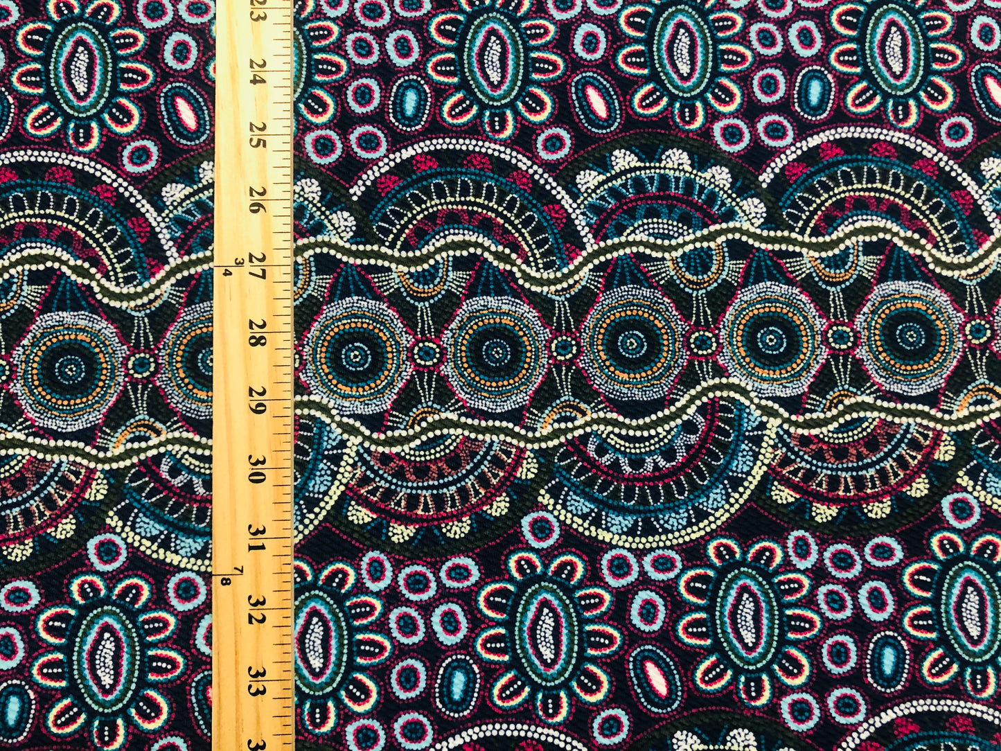 Bullet Knit Fabric – Mandala Dot Print in Teal, Magenta & Ivory on Black, 56″ Wide, Sold by the Yard (BPR218)