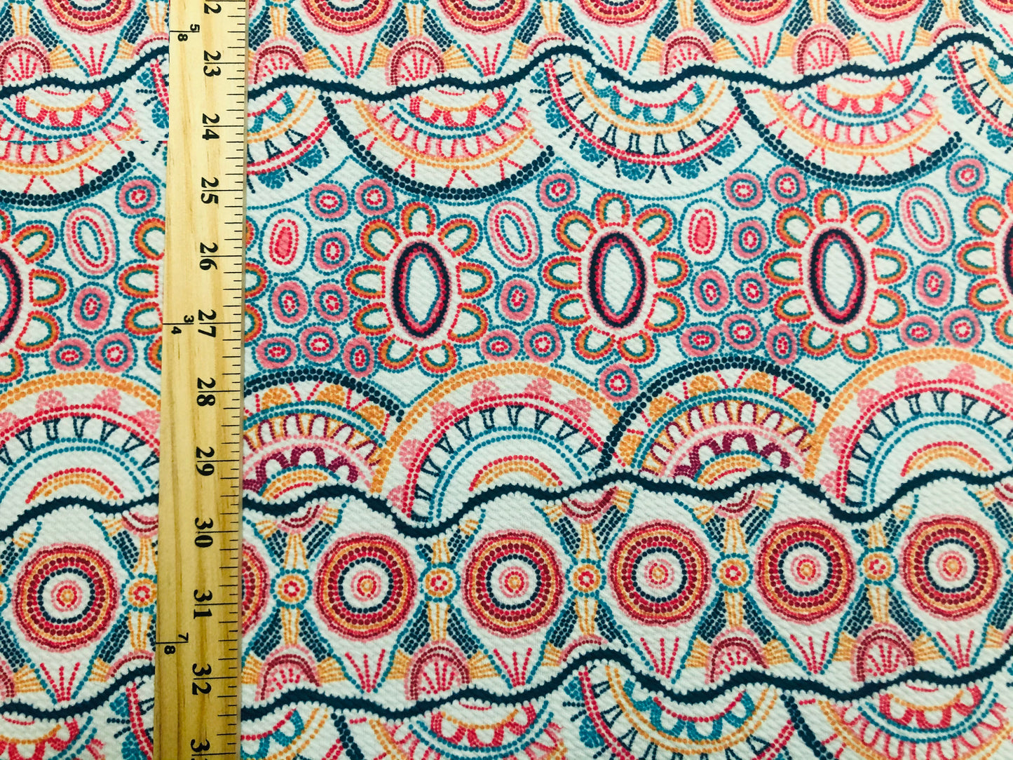 Bullet Knit Fabric – Boho Mandala Dot Print in Coral Pink, Teal & Mustard Yellow, 56″ Wide, Sold by the Yard (BPR217)