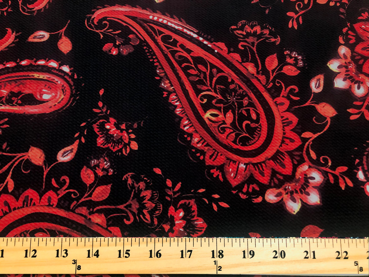 Premium Bullet Knit Fabric – Black & Red Vibrant Paisley Print, 56″ Wide, Sold by the Yard (BPR241)