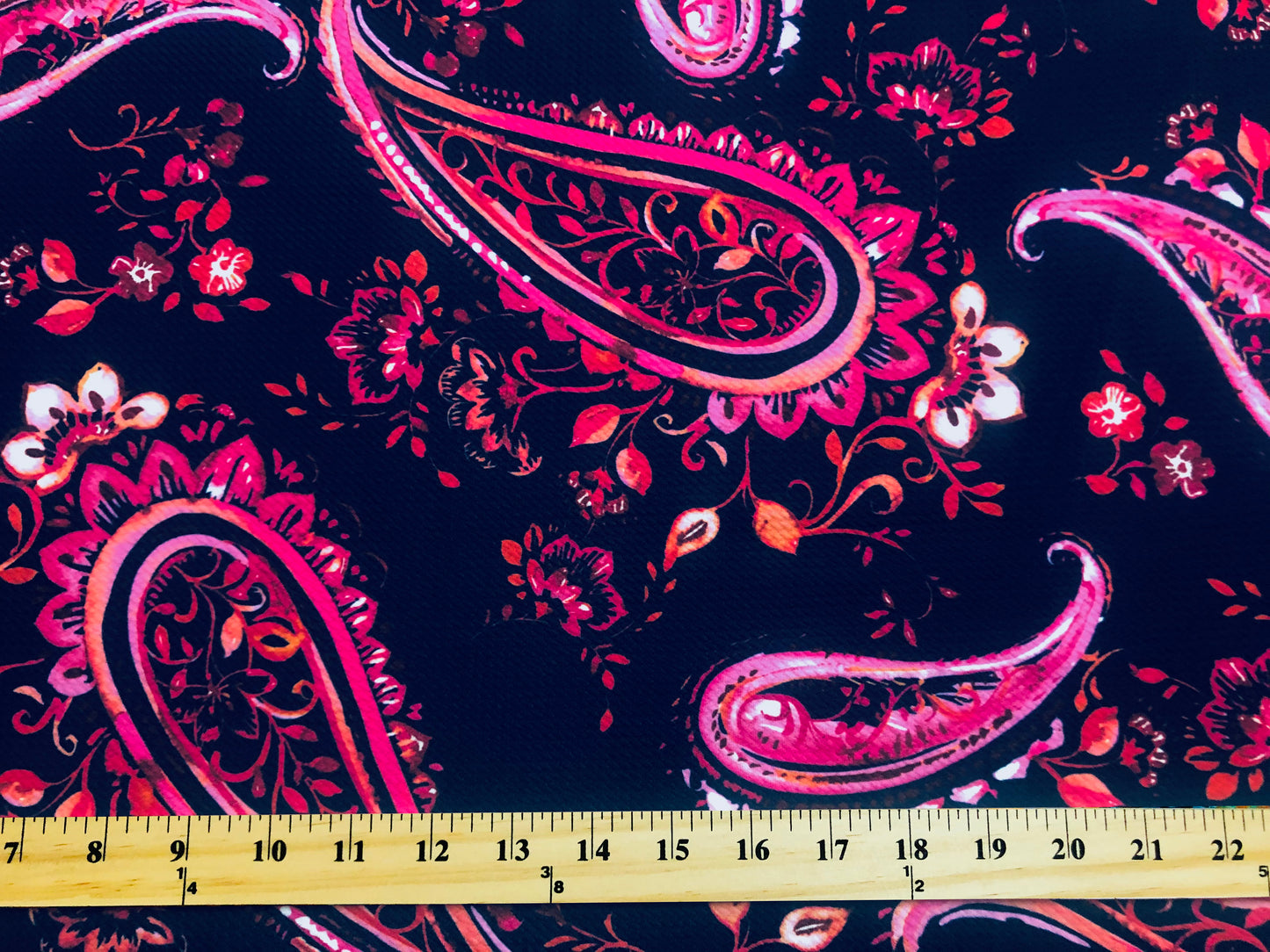 Premium Bullet Knit Fabric – Navy Blue & Magenta Purple Paisley Print, 56″ Wide, Sold by the Yard (BPR240)