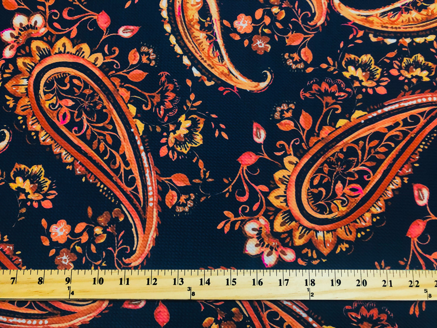 Premium Bullet Knit Fabric – Navy Blue & Rust Orange Paisley Print, 56″ Wide, Sold by the Yard (BPR239)