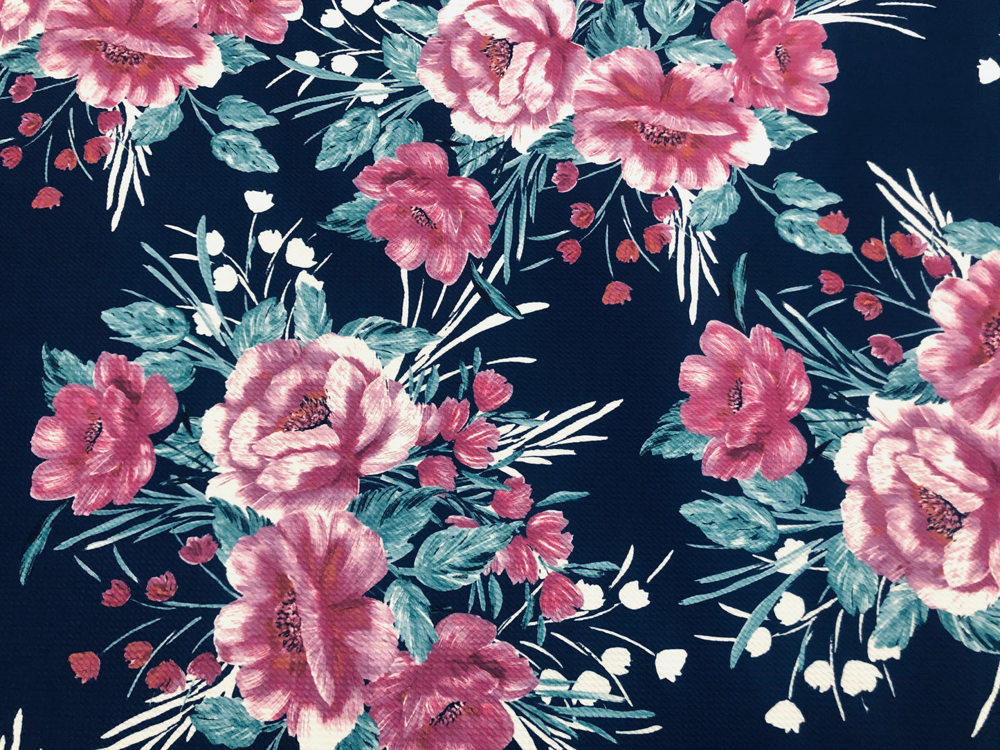 Bullet Knit Printed Fabric-Navy Blue Magenta Carnations-BPR228-Sold by the Yard