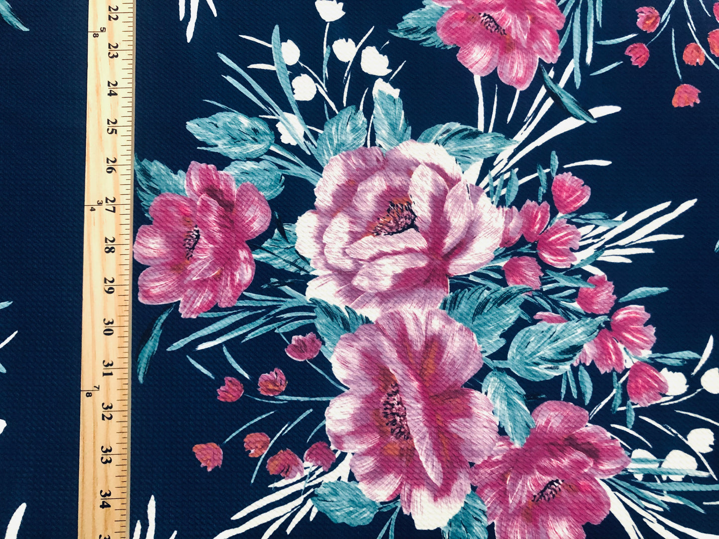 Bullet Knit Fabric – Navy, Magenta & White Carnations Vibrant Print, 56″ Wide, Sold by the Yard (BPR228)
