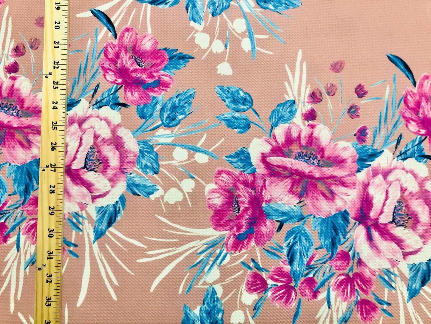 Bullet Knit Fabric – Peach, Magenta & Blue Carnations Vibrant Print, 56″ Wide, Sold by the Yard (BPR226)