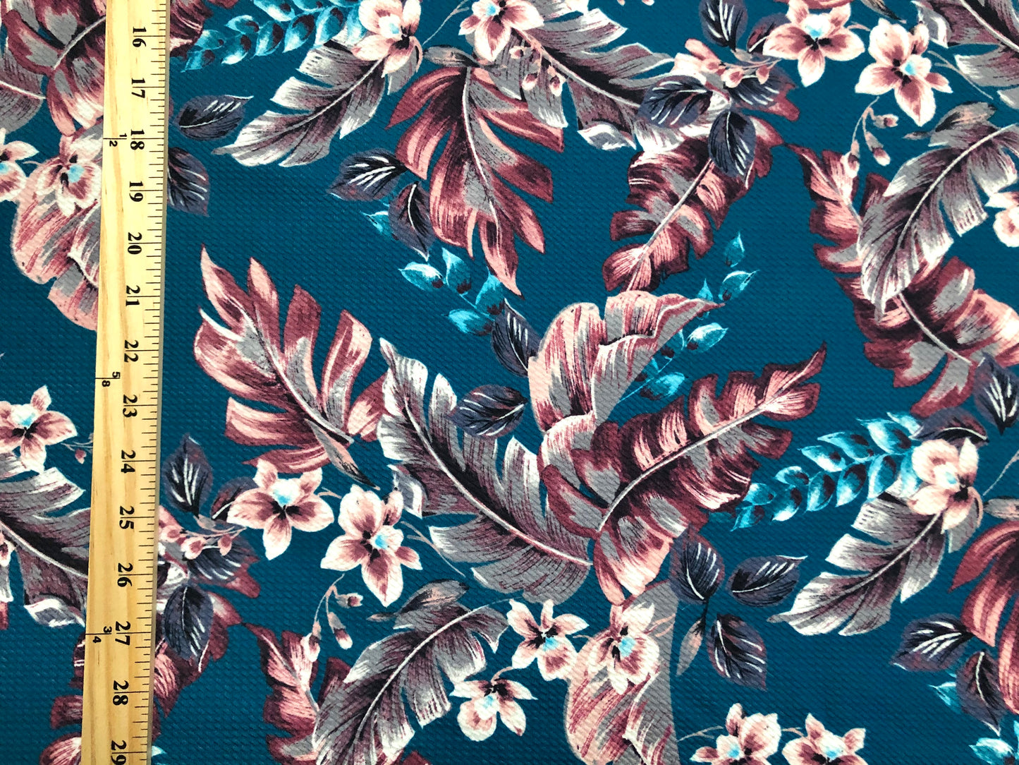 Bullet Knit Fabric – Vibrant Tropical Palm Leaf Print in Marsala, White & Gray on Teal, 56″ Wide, Sold by the Yard (BPR232)