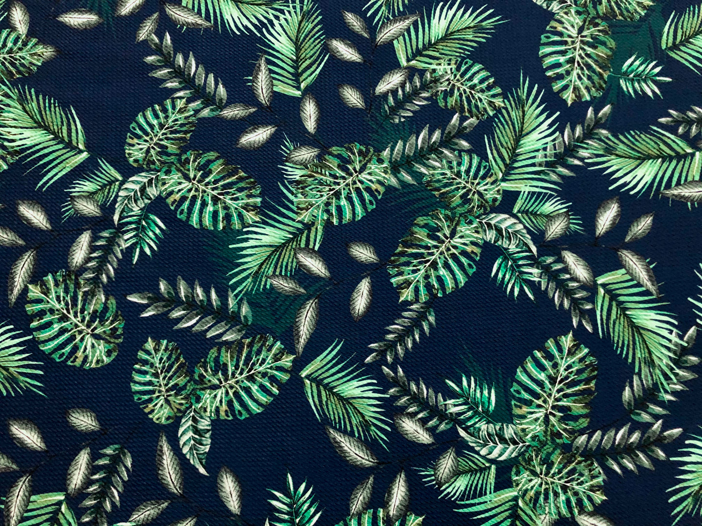Bullet Knit Printed Fabric-Navy Blue Green Palms-BPR234-Sold by the Yard