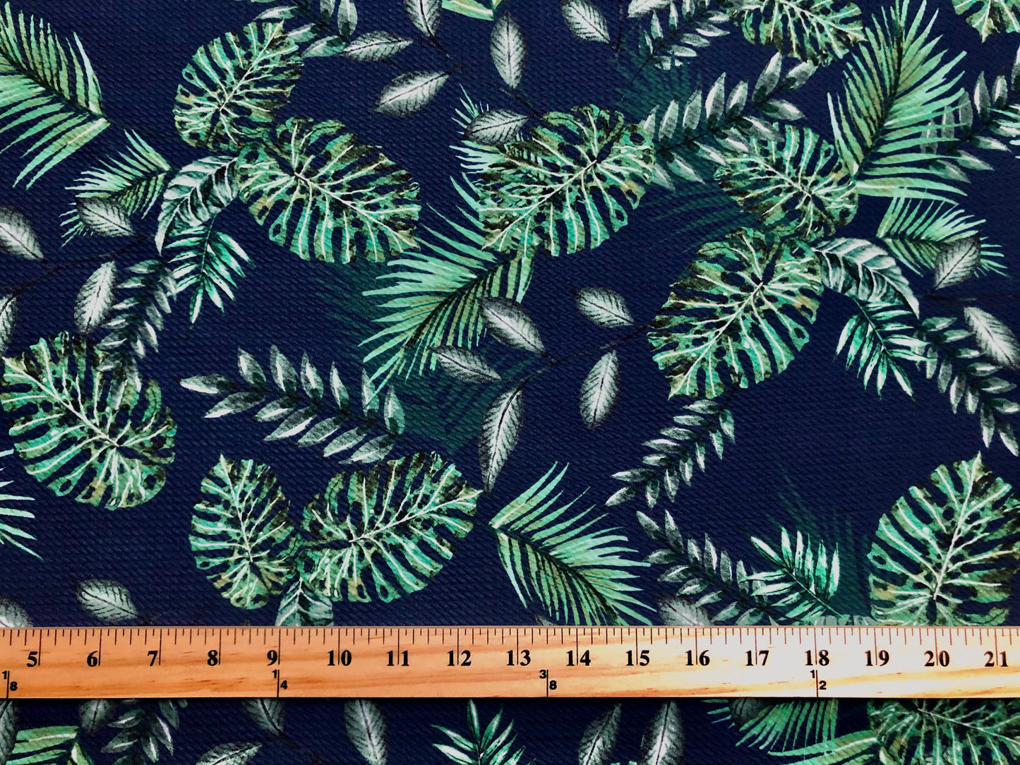 Bullet Knit Printed Fabric-Navy Blue Green Palms-BPR234-Sold by the Yard
