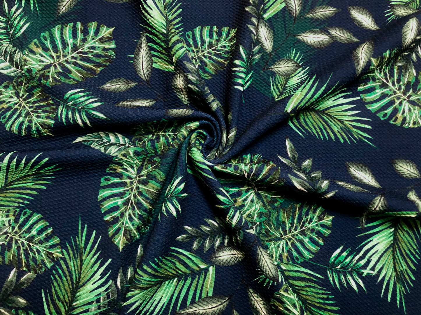 Bullet Knit Printed Fabric-Navy Blue Green Palms-BPR234-Sold by the Yard
