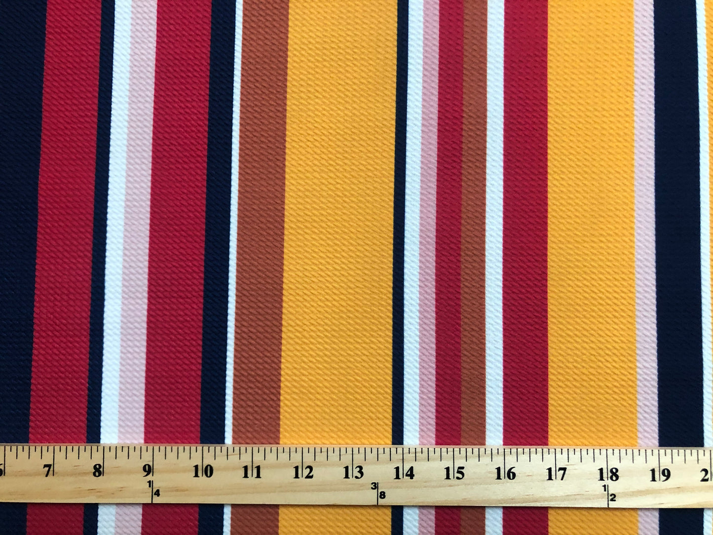 Bullet Knit Fabric – Bold Mustard, Red & Brown Vertical Stripes Stretch Print, 56″ Wide, Sold by the Yard (BPR219)