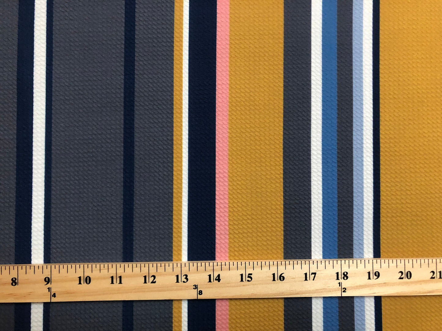 Bullet Knit Fabric – Mustard, Blue & Charcoal Vertical Stripes Stretch Print, 56″ Wide, Sold by the Yard (BPR220)