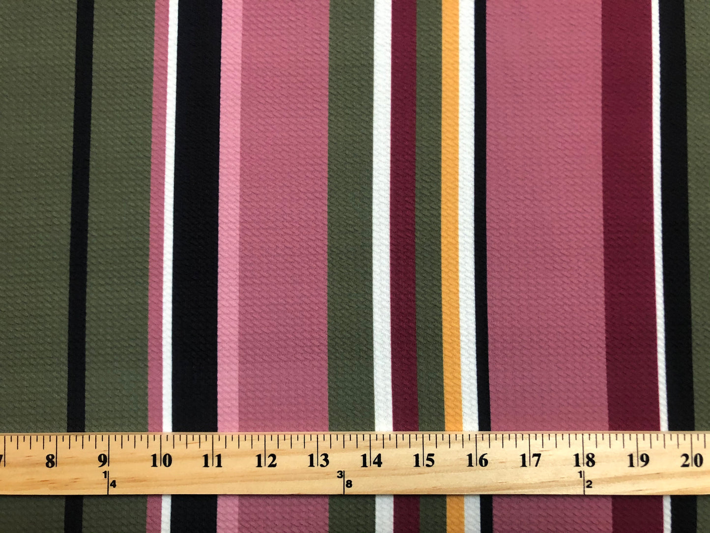 Bullet Knit Fabric – Mauve, Olive & Burgundy Vertical Stripes Stretch Print, 56″ Wide, Sold by the Yard (BPR221)